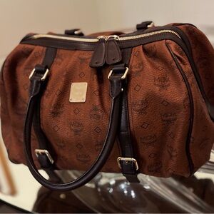 MCM Cognac Visetos Canvas Satchel with Dark Brown Trim